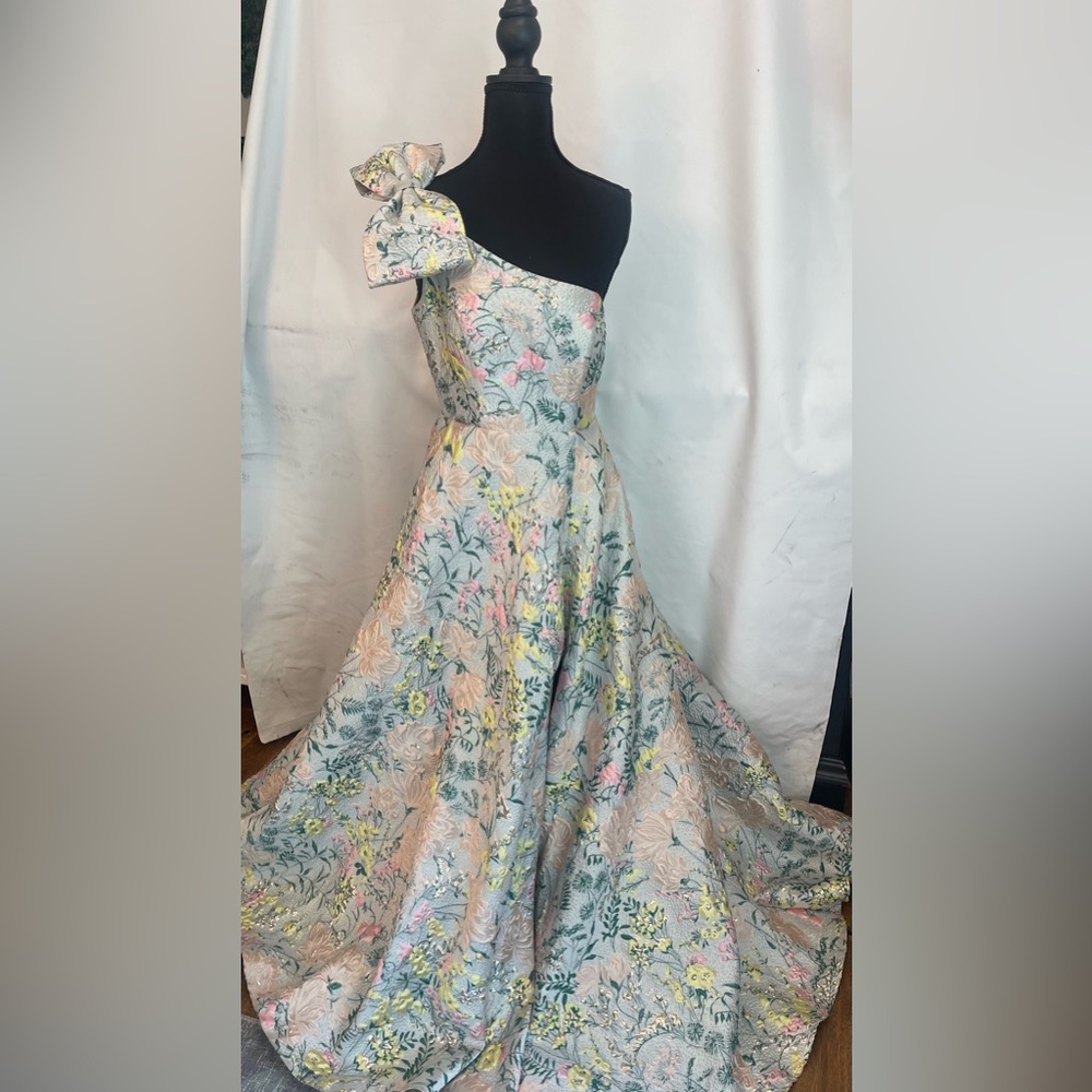 Mac Duggal Multicolor One Shoulder Brocade Floral Gown With Bow